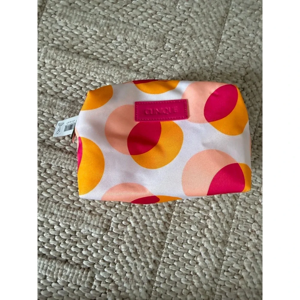Clinique Cosmetic Makeup Bag Travel Toiletry Pouch Pink Orange Polka Dot NWT